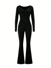 1pc Women's Round Neck Long Sleeve Jumpsuit, Black Slim Fitted One-Piece, Simple And Flattering